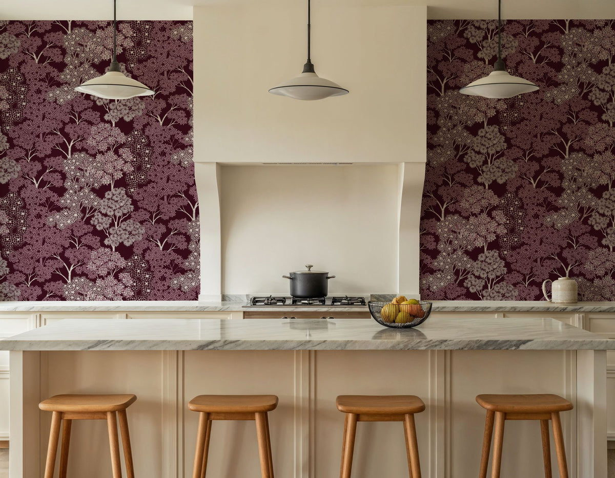 Overleaf Woodland Pattern, Burgundy Mural Wallpaper - room preview 05