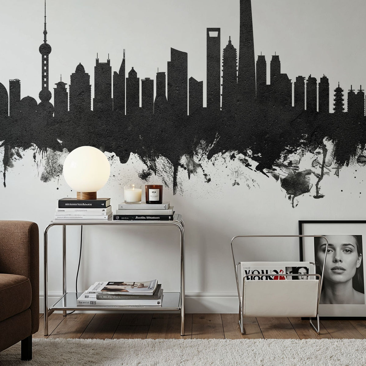 Shanghai China Skyline Black & White Mural Wallpaper - room preview 05