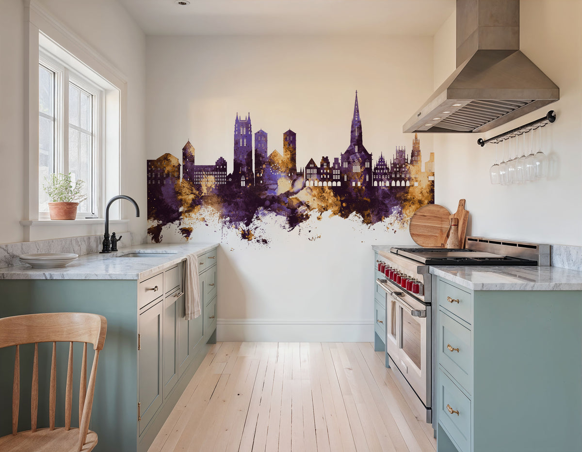 Münster Germany Skyline Purple & Gold Mural Wallpaper - room preview 05