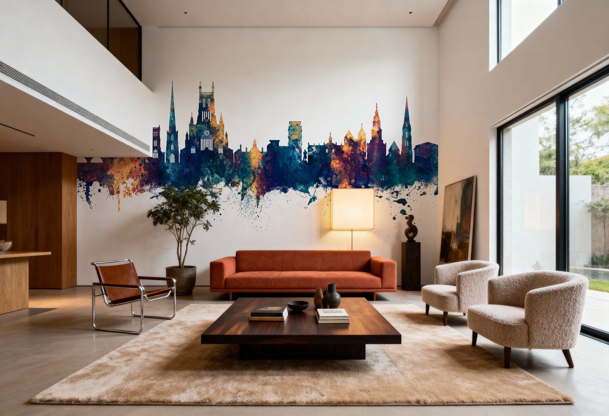 Worcester England Skyline Blue & Bronze Mural Wallpaper - room preview 05