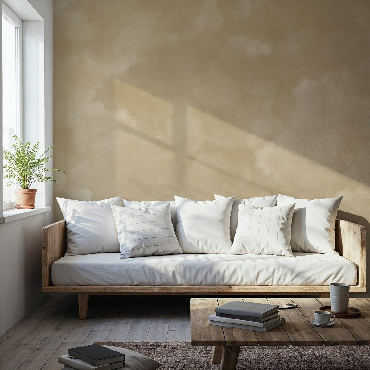 Painted Dreamy Clouds, Butter Yellow Mural Wallpaper - room preview 05