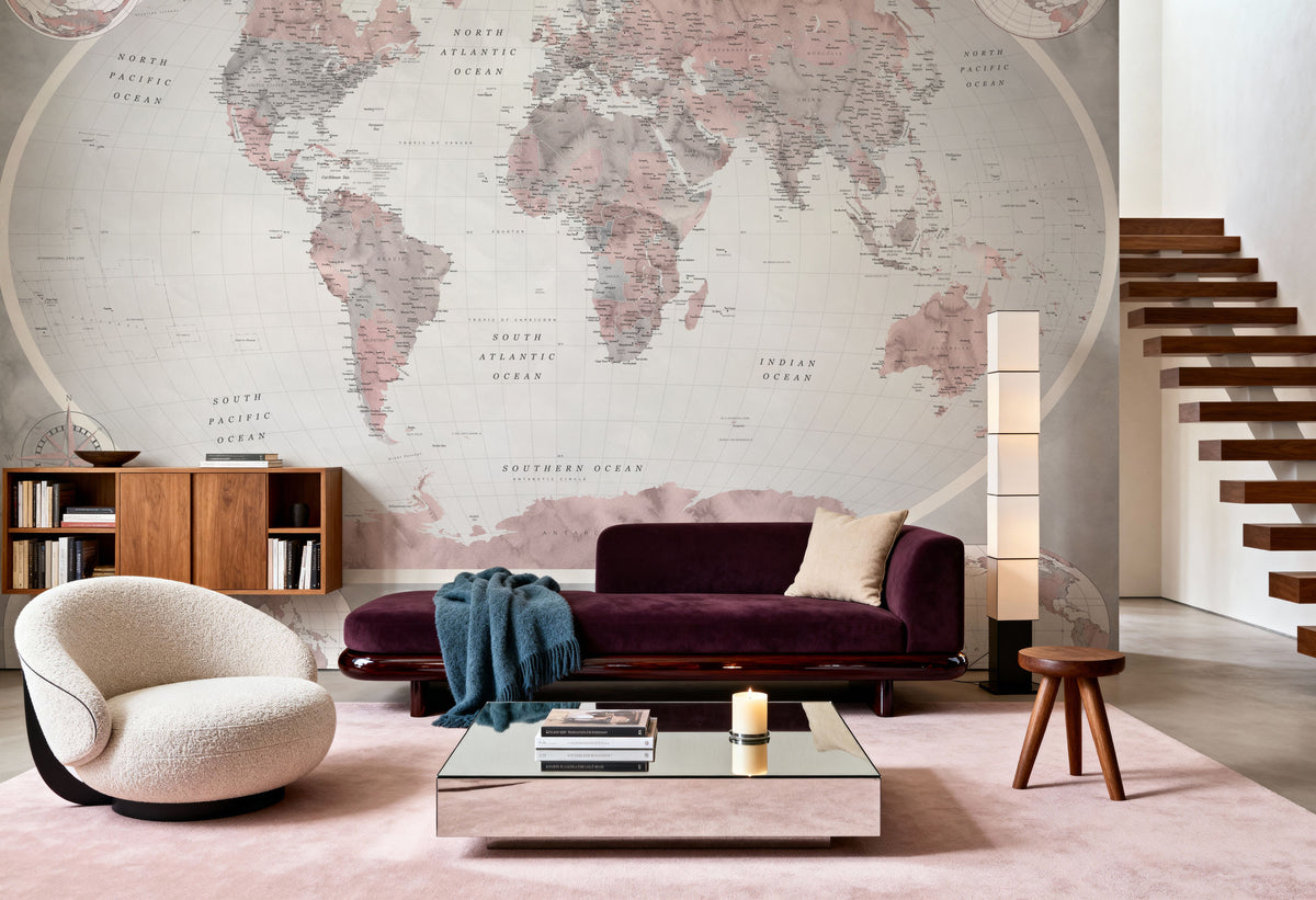 World Map Atlas Red Mural Wallpaper - room preview 05