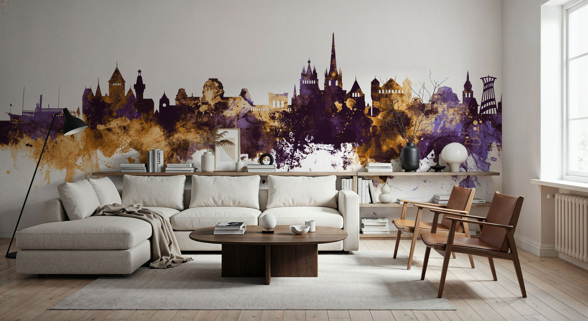 Lausanne Switzerland Skyline Purple & Gold Mural Wallpaper - room preview 05