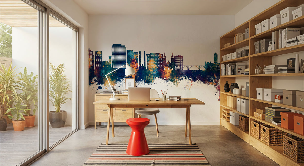 Spokane Washington Skyline Blue & Bronze Mural Wallpaper - room preview 05