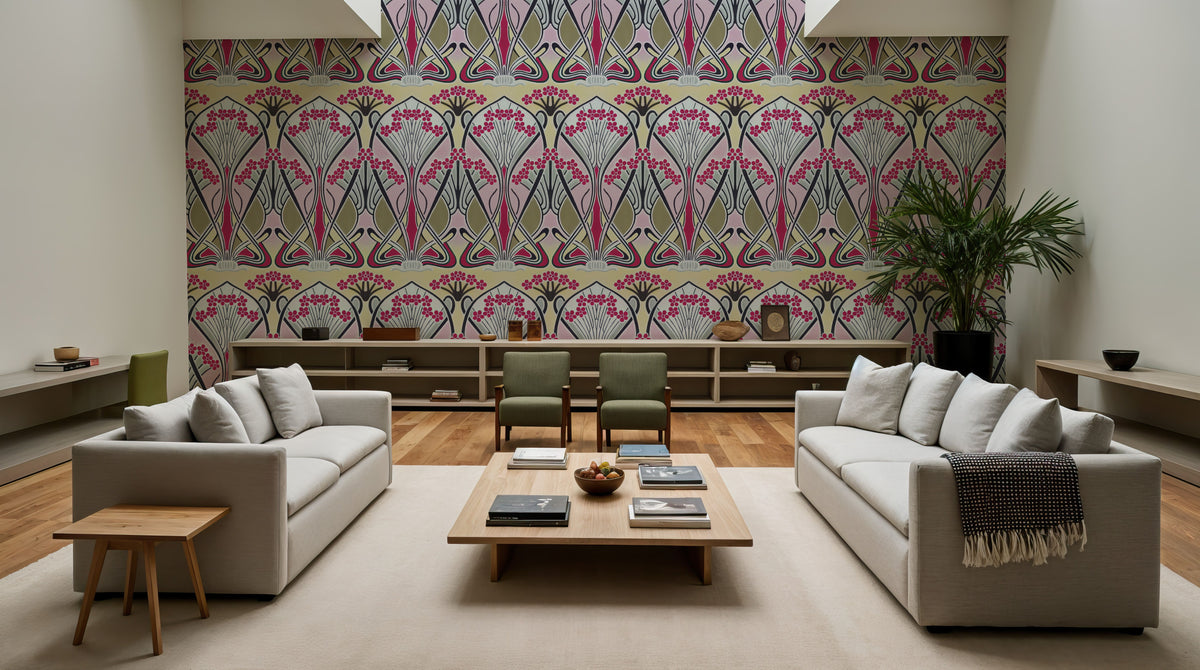 Floral Art Deco Aura, Pink Pop Mural Wallpaper - room preview 05