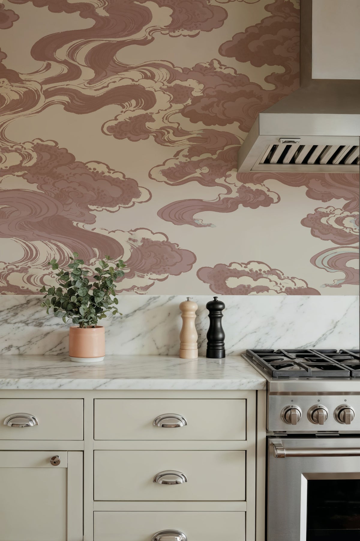 Ukiyo-e Clouds, Dusty Rose Mural Wallpaper - room preview 05