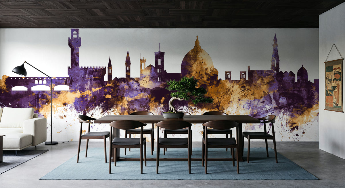 Florence Italy Skyline Purple & Gold Mural Wallpaper - room preview 05
