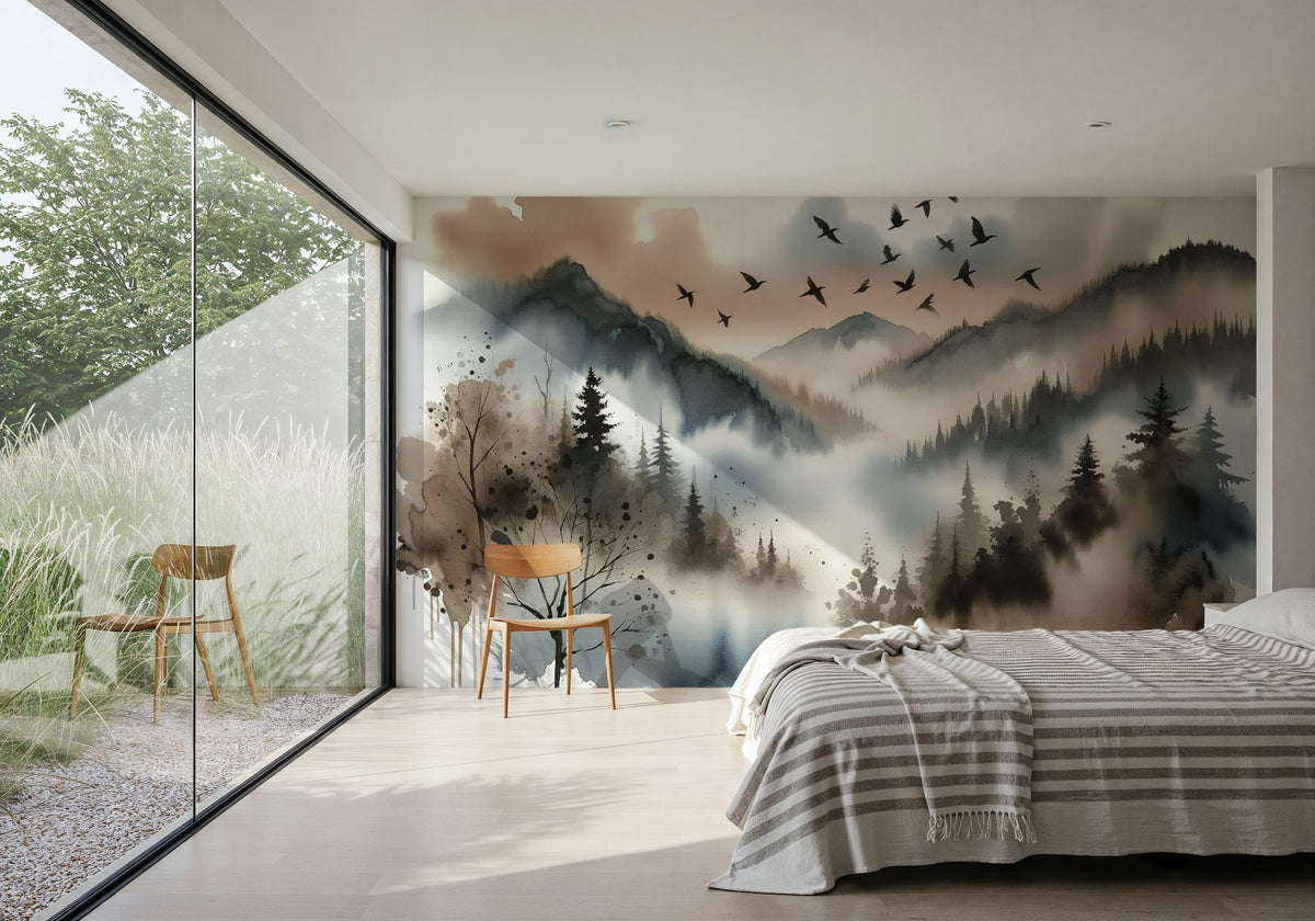 Mystic Mountains Veiled in Morning Mist Mural Wallpaper - room preview 05