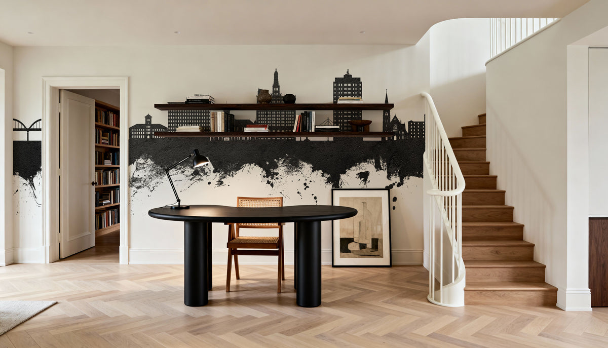 Davenport Iowa Skyline Black & White Mural Wallpaper - room preview 05