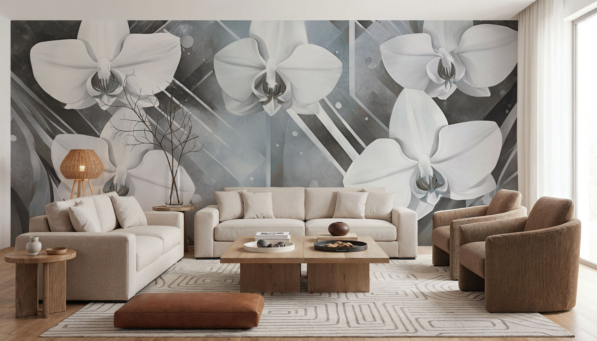Geometry and Orchids Blue Mural Wallpaper - room preview 05