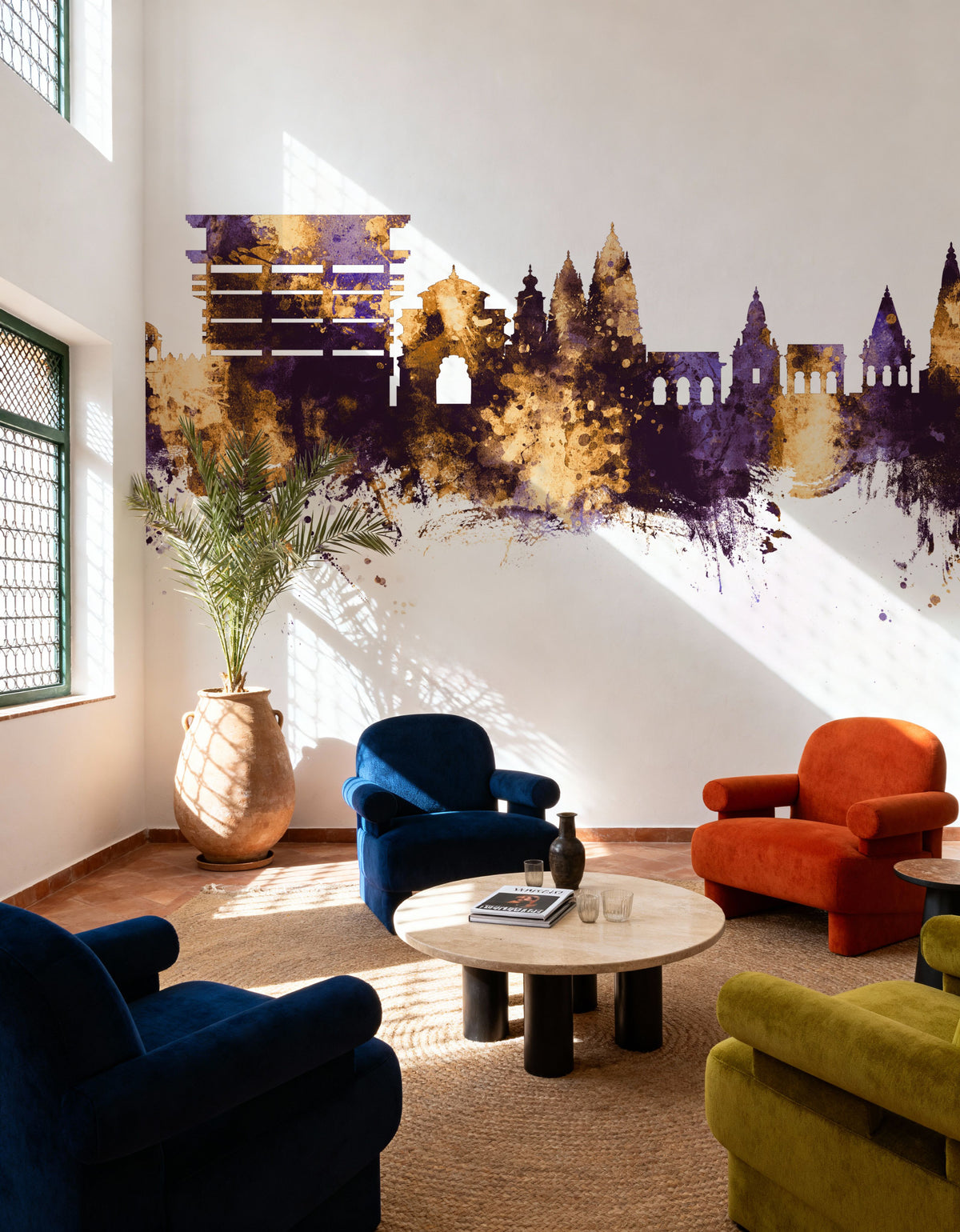 Pandharpur India Skyline Purple & Gold Mural Wallpaper - room preview 05