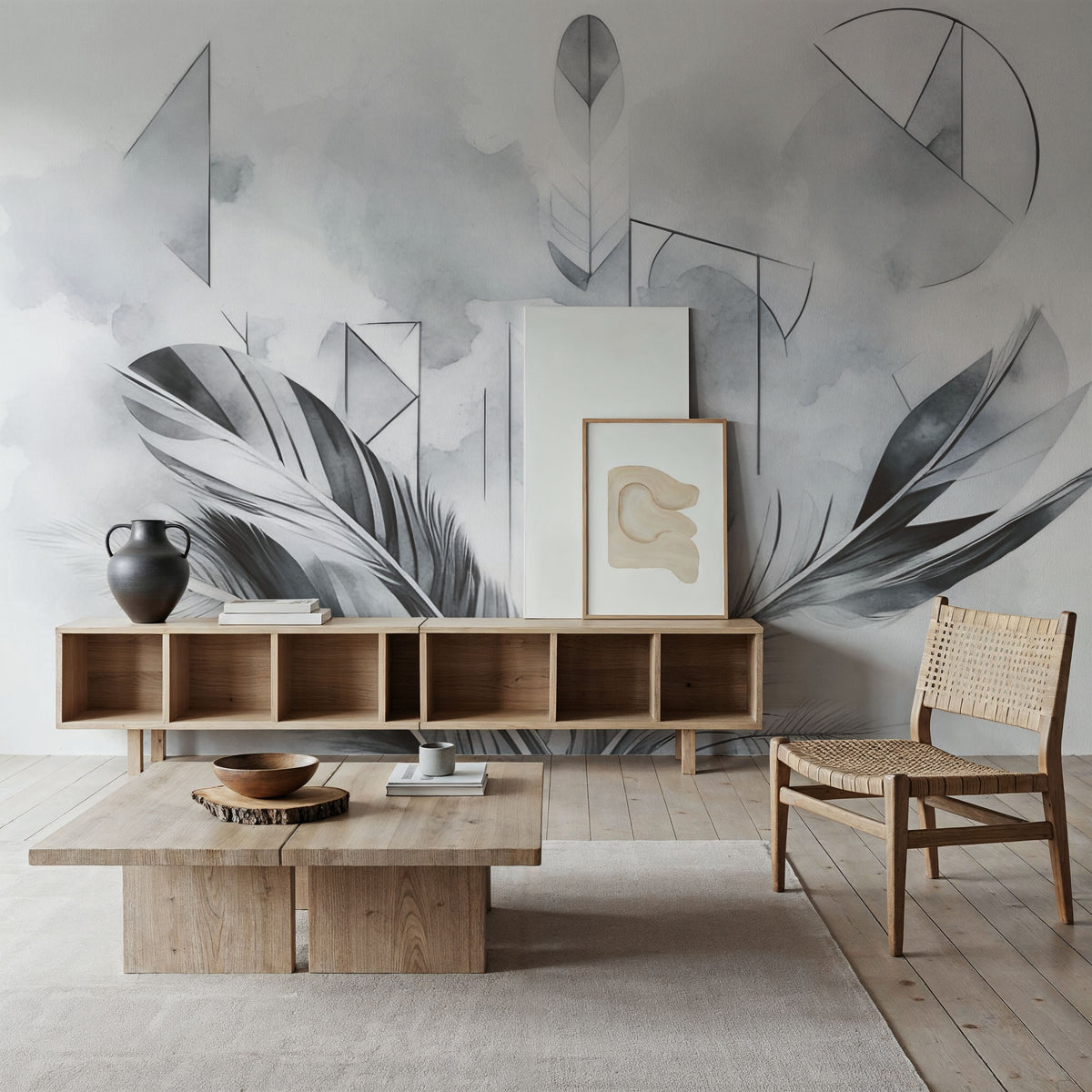 Feather Geometry Gray Mural Wallpaper - room preview 05