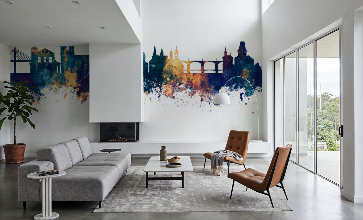 Fribourg Switzerland Skyline Blue & Bronze Mural Wallpaper - room preview 05