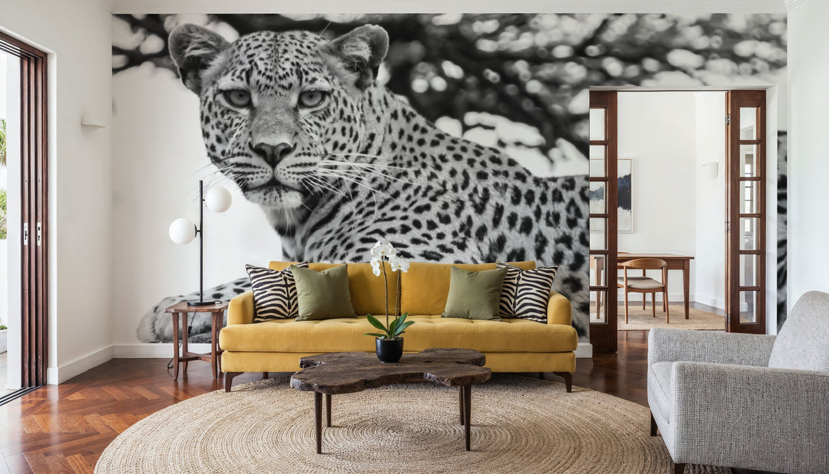 Lounging Leopard Neutral Mural Wallpaper - room preview 05