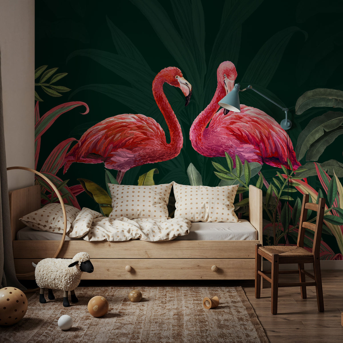 Shy Flamingos Dark Mural Wallpaper - room preview 05