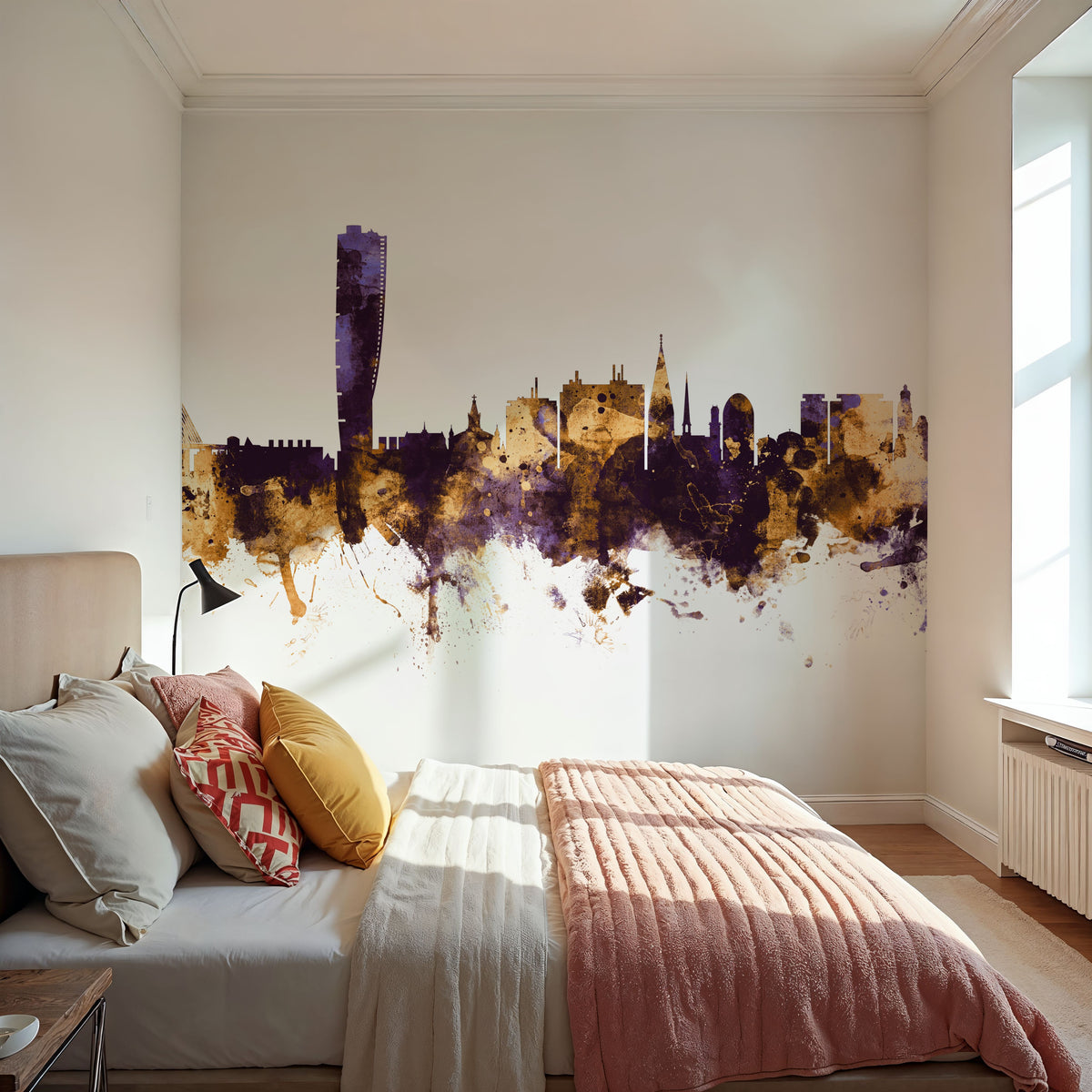 Malmö Sweden Skyline Purple & Gold Mural Wallpaper - room preview 05