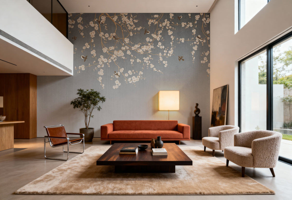Beneath the Cherry Tree Gray Mural Wallpaper - room preview 05