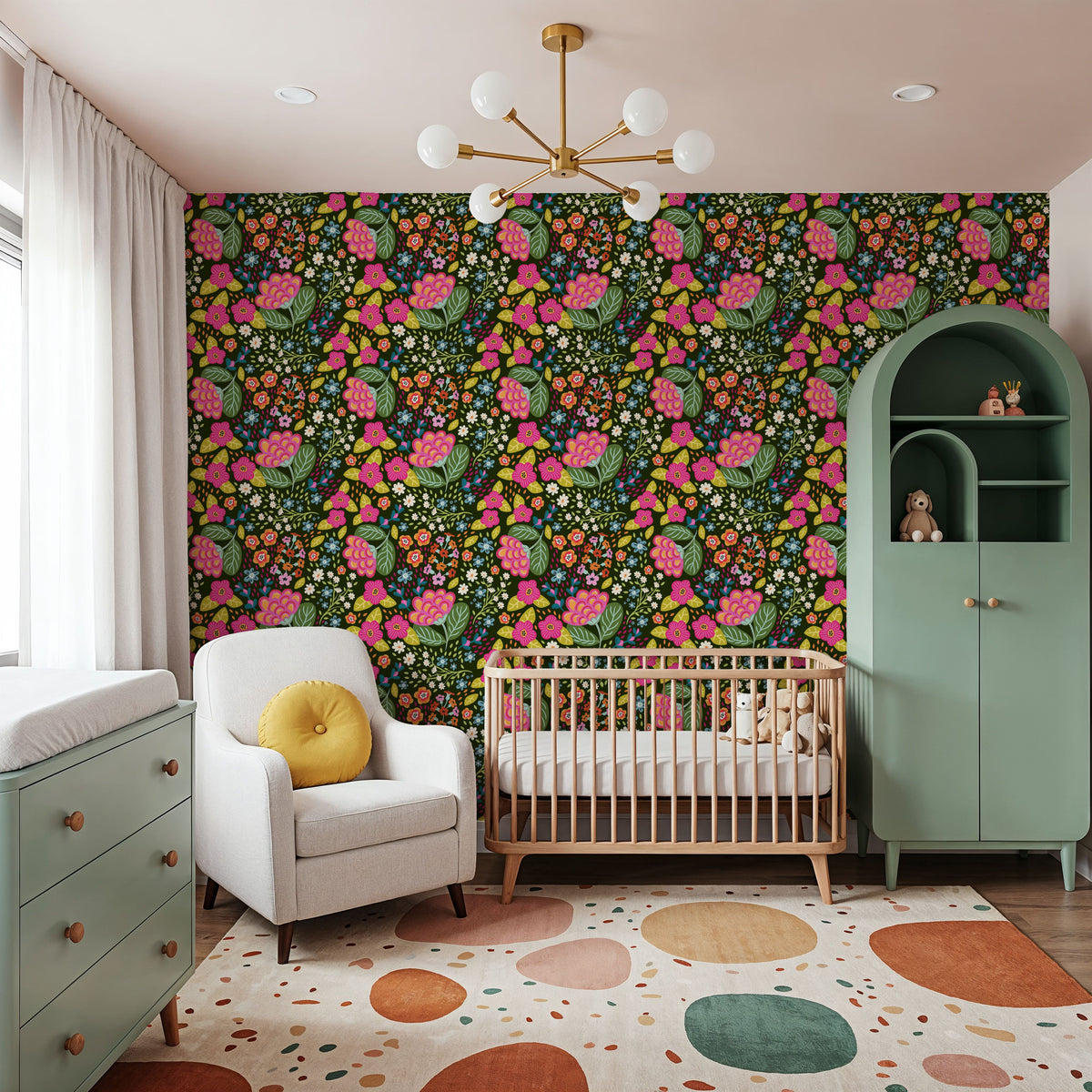 Happy Flowers, Pine Green Mural Wallpaper - room preview 05