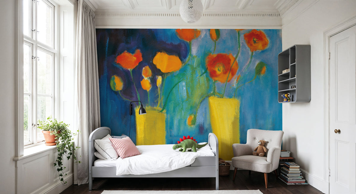 Cadmium Orange Poppies on Blue Mural Wallpaper - room preview 05