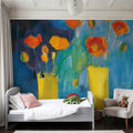 Cadmium Orange Poppies on Blue Mural Wallpaper - room preview 05