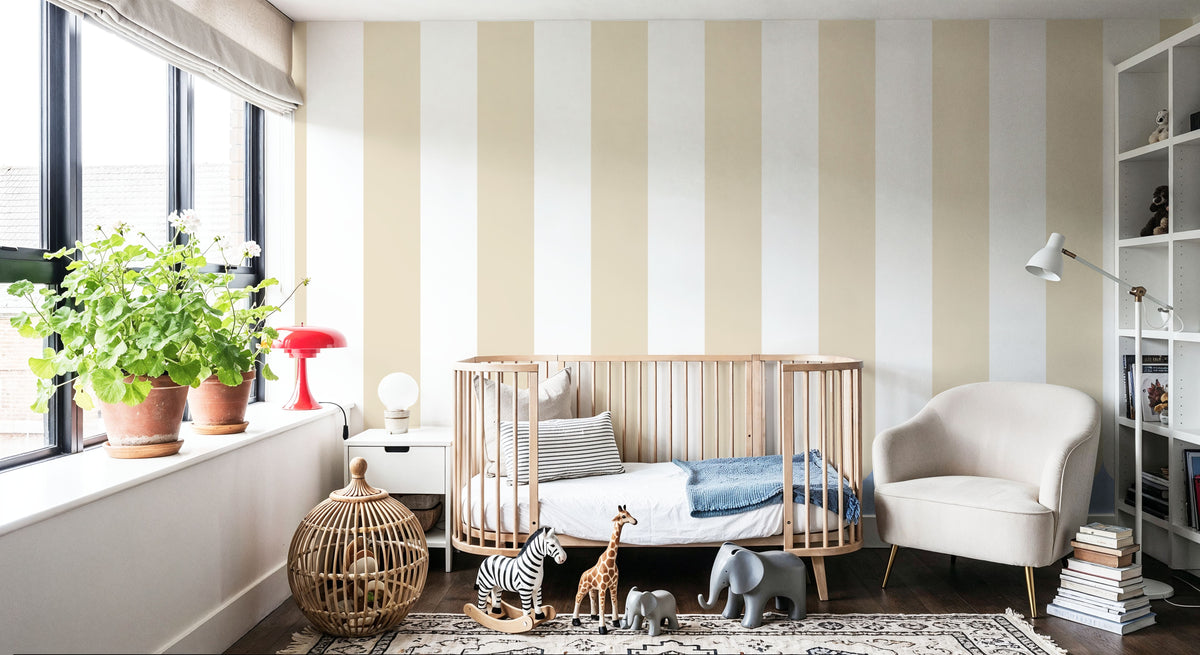 Scalloped Circus Stripes, Beige Mural Wallpaper - room preview 05