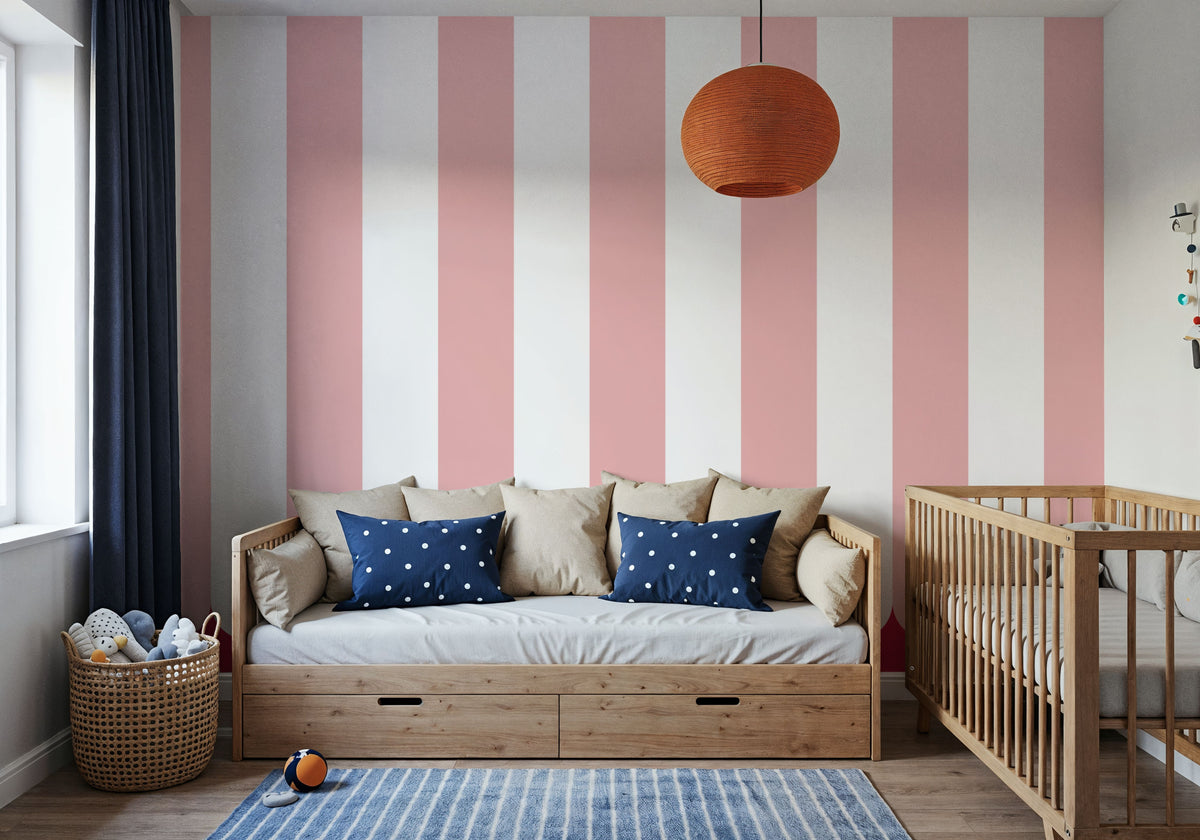 Scalloped Circus Stripes, Pink Mural Wallpaper - room preview 05
