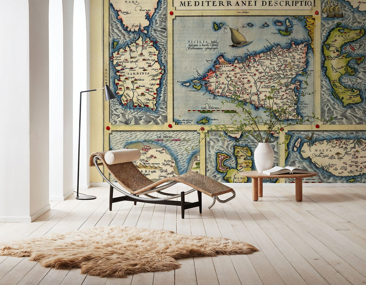 Old Map of Mediterranean Islands, 1570 Mural Wallpaper - room preview 05