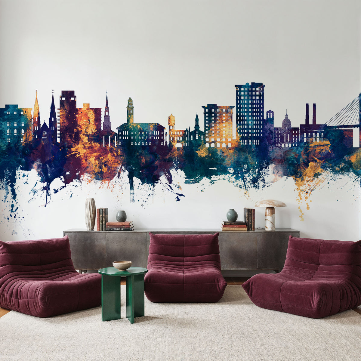 Savannah Georgia Skyline Blue & Bronze Mural Wallpaper - room preview 05
