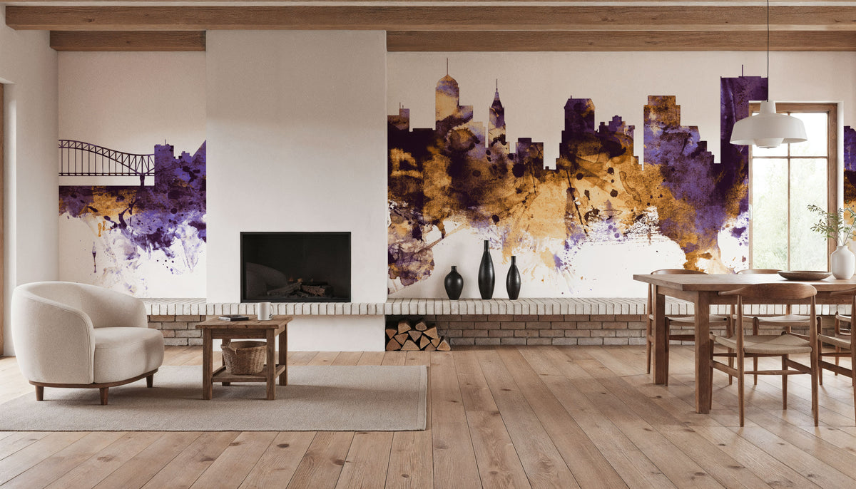 Memphis Tennessee Skyline Purple & Gold Mural Wallpaper - room preview 05