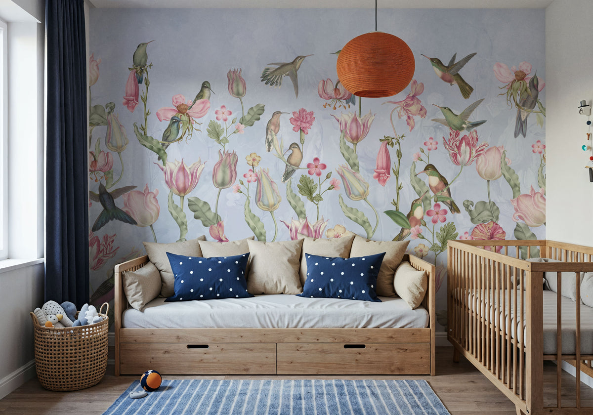 Tulips & Birds, Sky Blue Mural Wallpaper - room preview 05