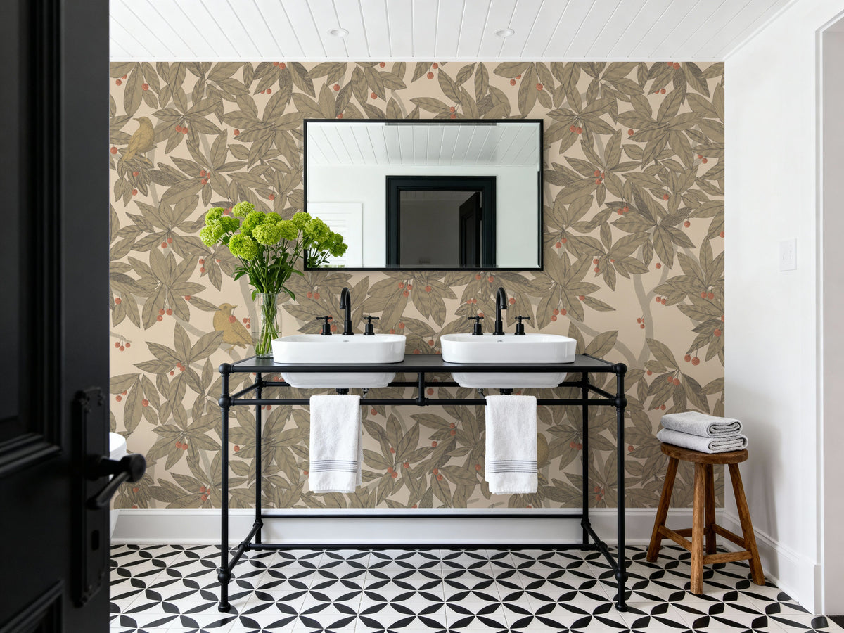 Cherry Tree Birds, Green Mural Wallpaper - room preview 05