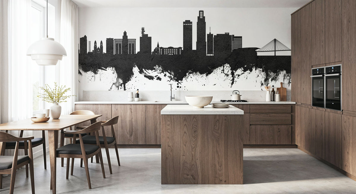 Omaha Nebraska Skyline Black & White Mural Wallpaper - room preview 05