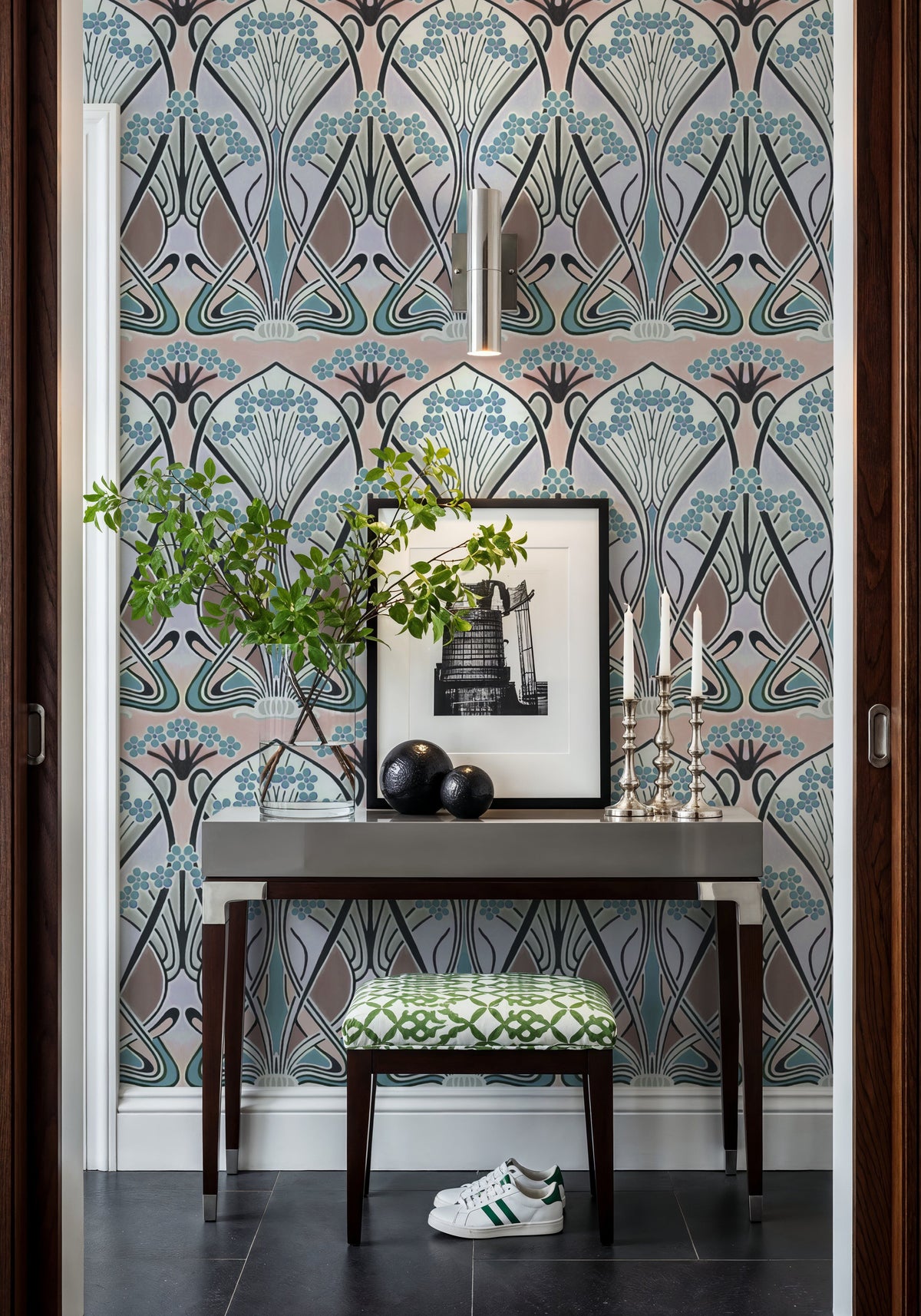 Floral Art Deco Aura, Light Teal Mural Wallpaper - room preview 05