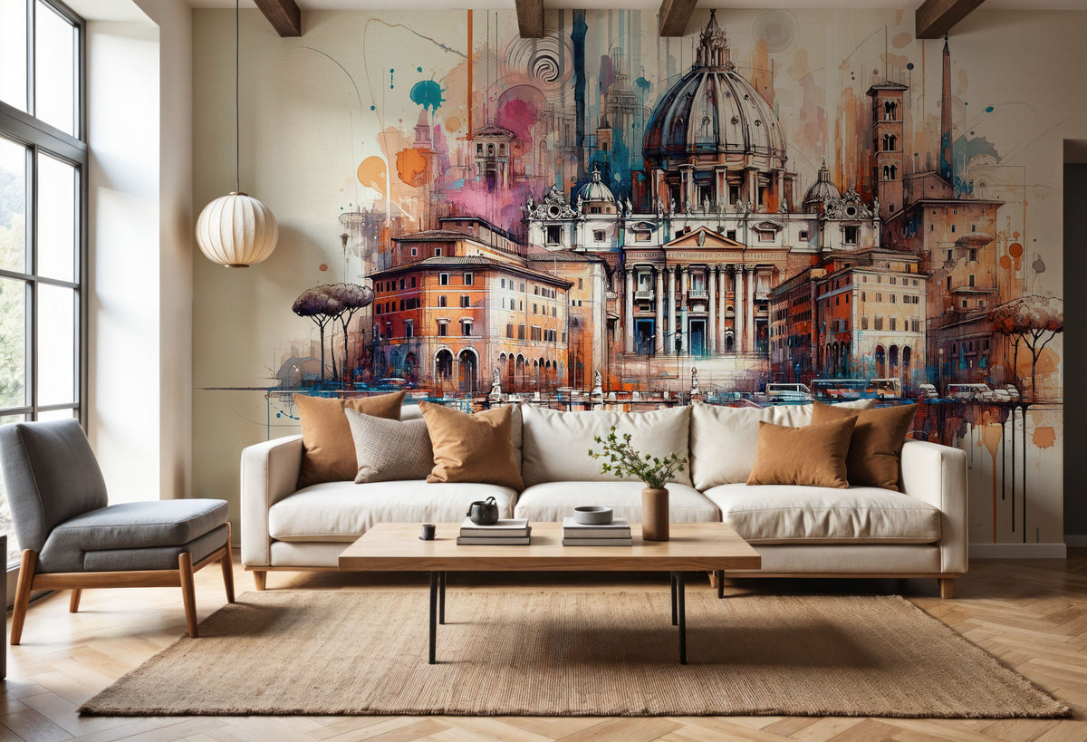 Watercolor Rome Skyline Mural Wallpaper - room preview 05