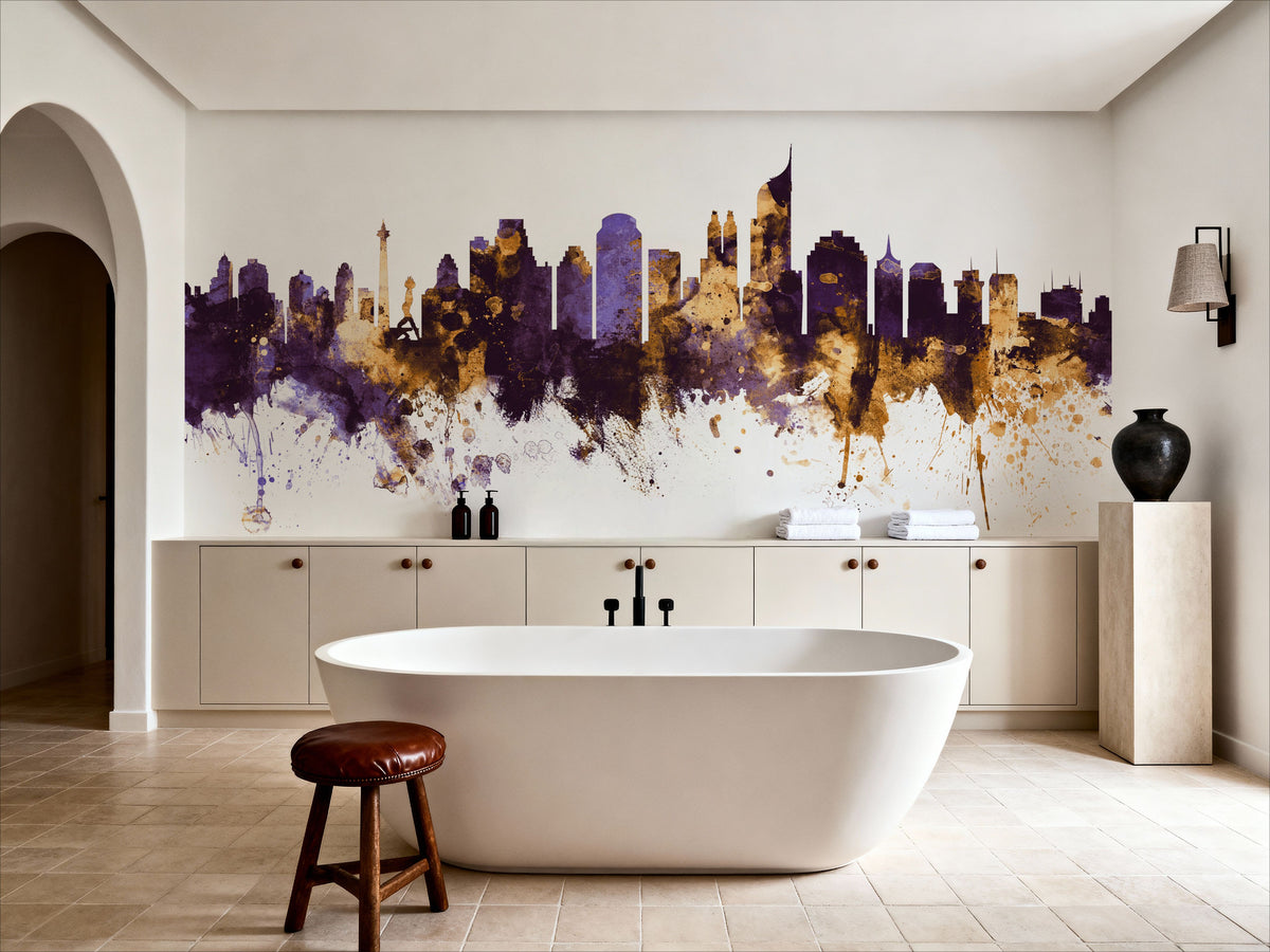 Jakarta Skyline Indonesia Purple & Gold Mural Wallpaper - room preview 05