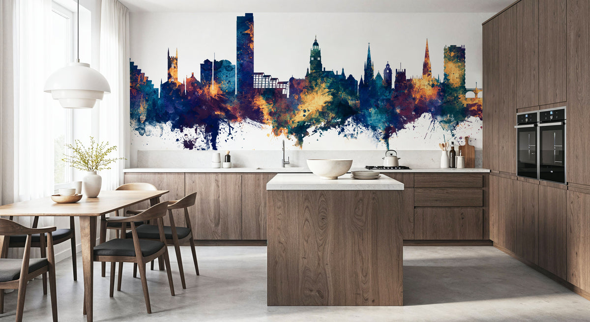 Sheffield England Skyline Blue & Bronze Mural Wallpaper - room preview 05