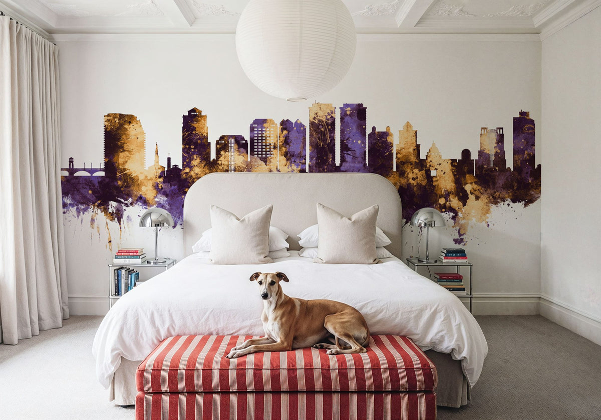 West Palm Beach Florida Skyline Purple & Gold Mural Wallpaper - room preview 05