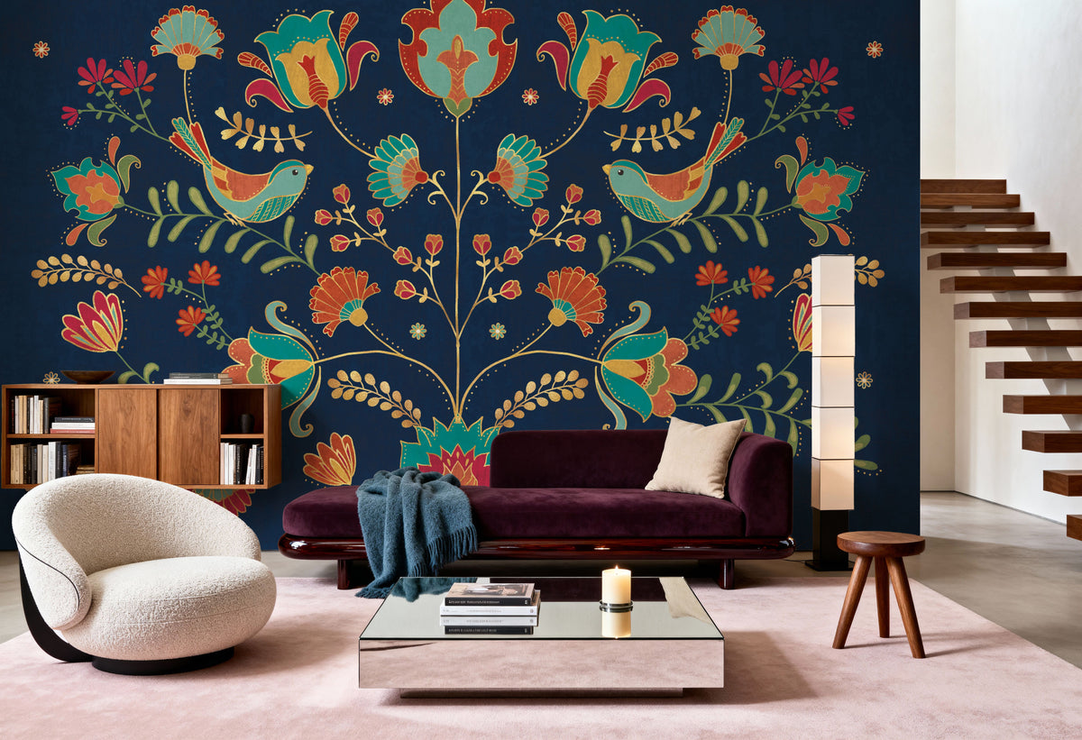Folk Floral I Dark Mural Wallpaper - room preview 05