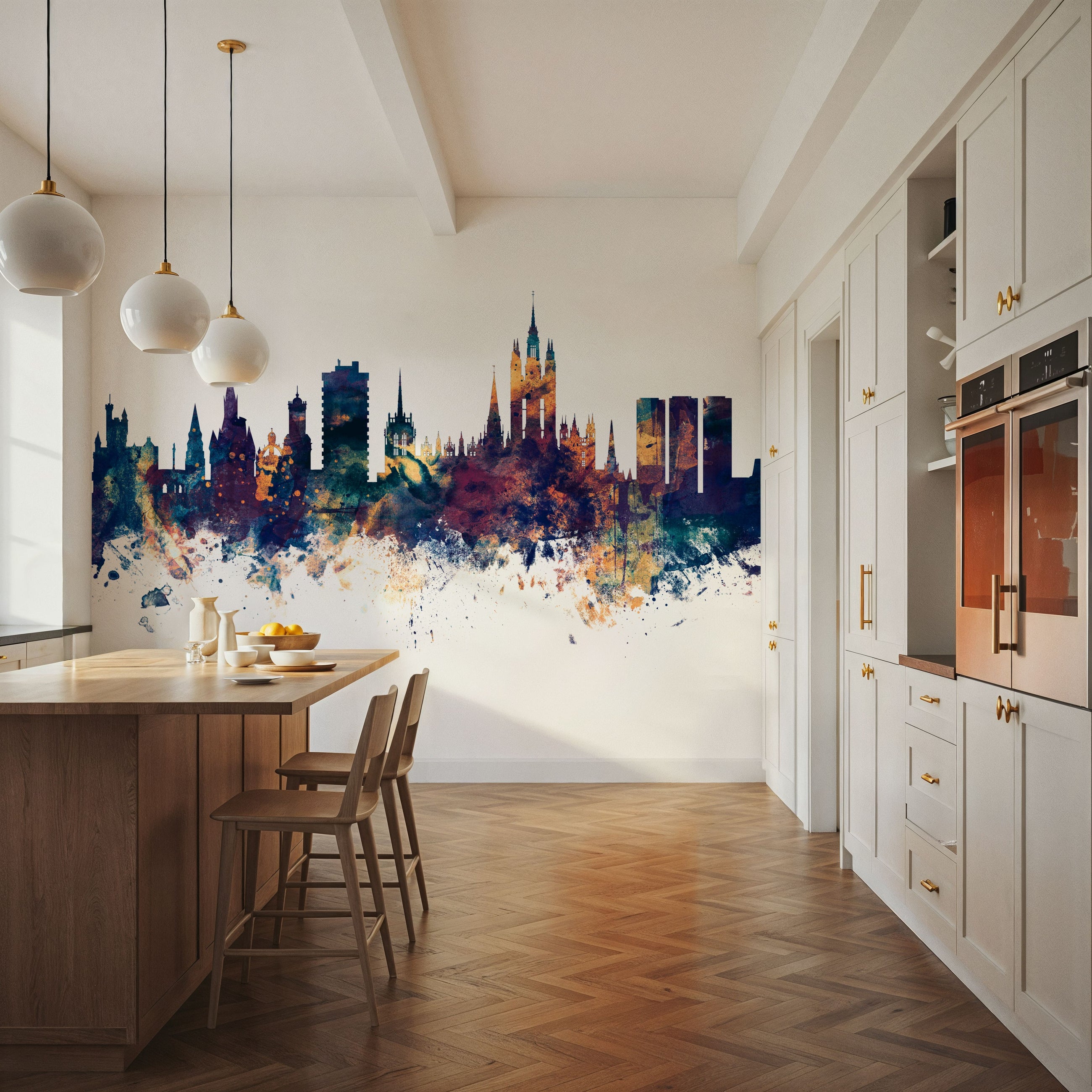 Aberdeen Scotland Skyline Blue & Bronze Mural Wallpaper