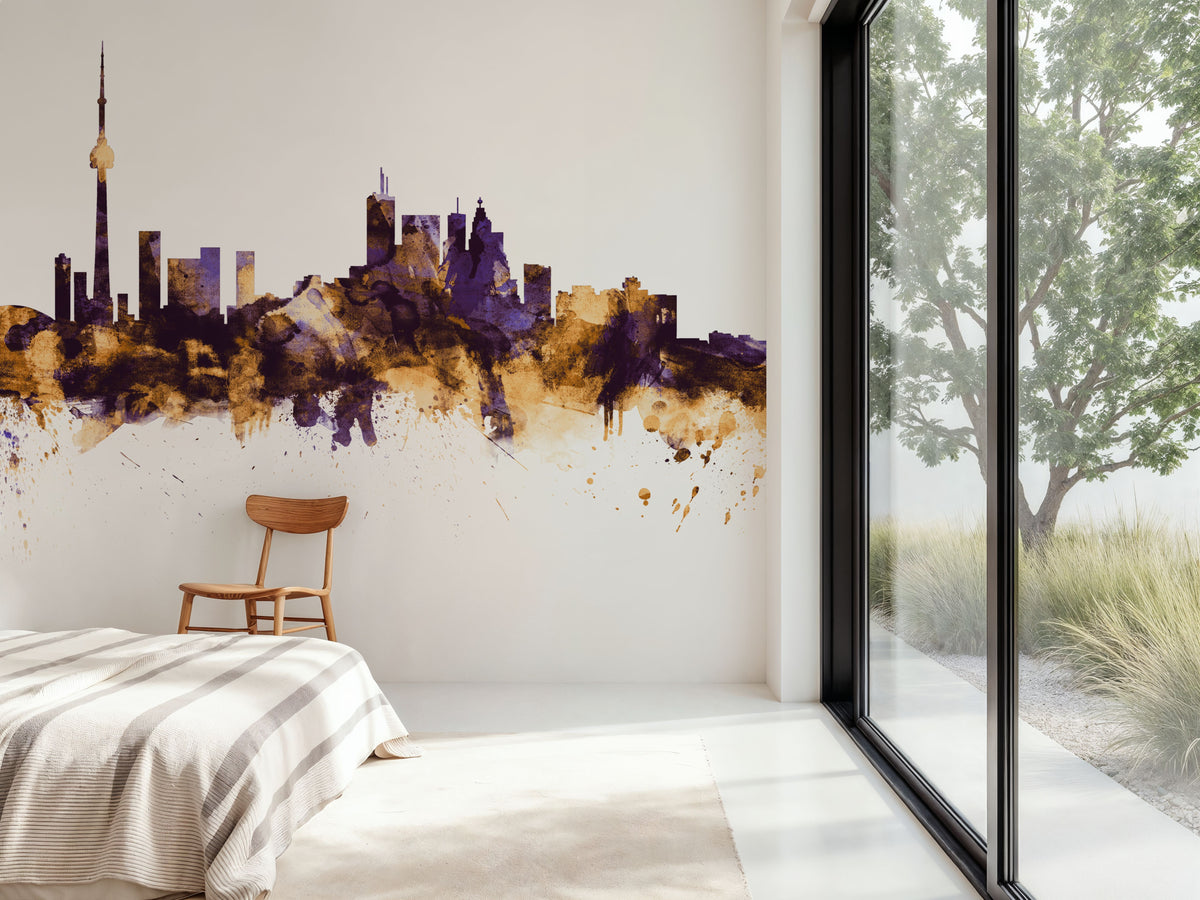 Toronto Canada Skyline Purple & Gold Mural Wallpaper - room preview 05