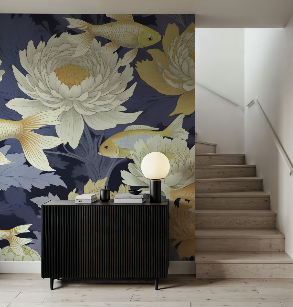 Dancing Fish, Yellow on Purple Mural Wallpaper - room preview 05