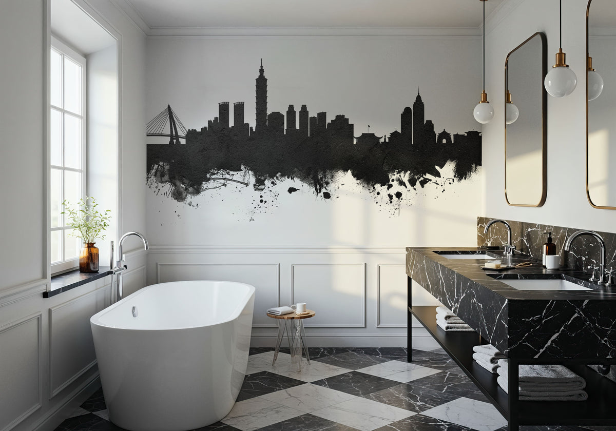 Taipei Taiwan Skyline Black & White Mural Wallpaper - room preview 05
