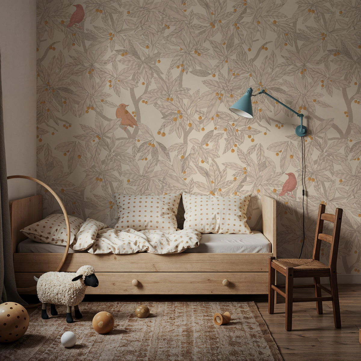 Cherry Tree Birds, Beige Mural Wallpaper - room preview 05