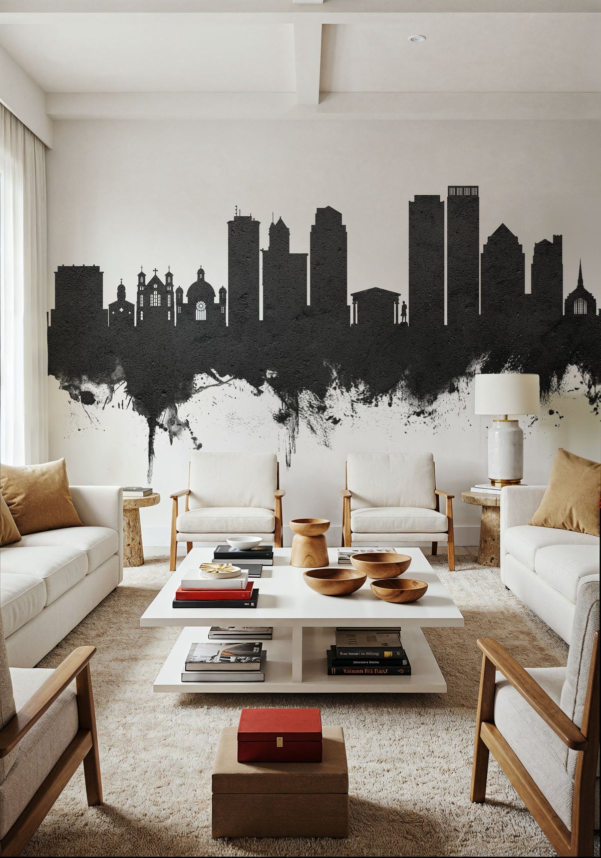 Dayton Ohio Skyline Black & White Mural Wallpaper - room preview 05
