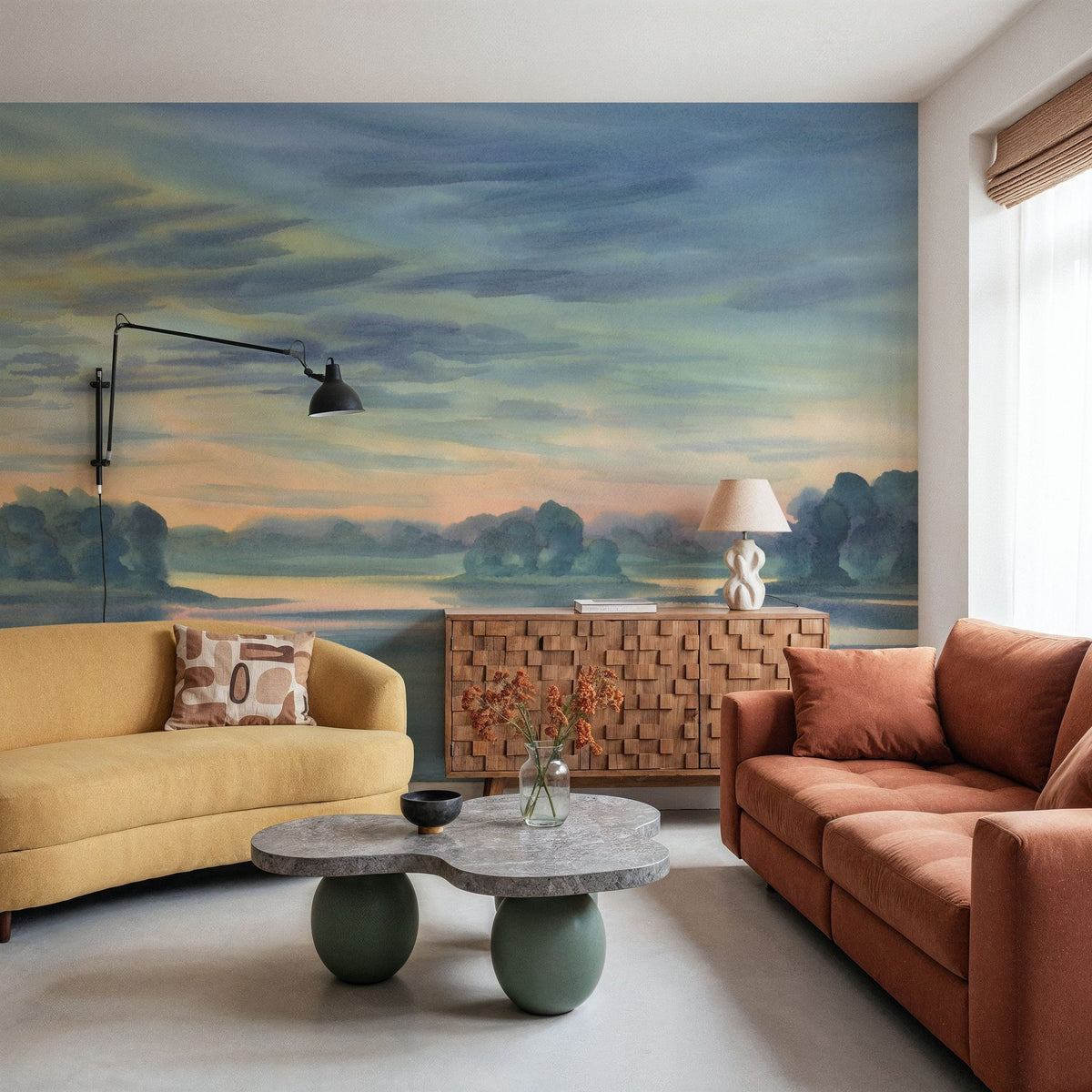 Watercolor Twilight Lake Mural Wallpaper - room preview 05