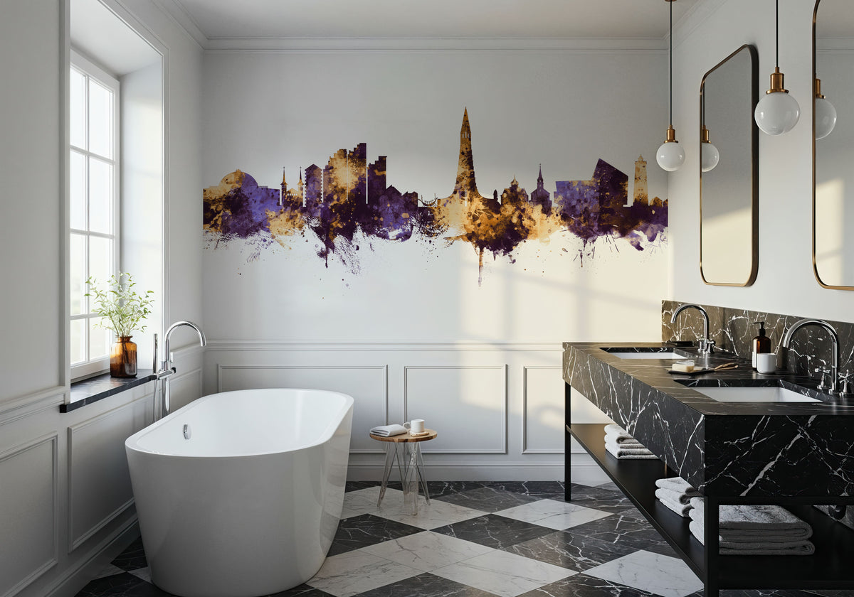 Reykjavík Skyline Purple & Gold Mural Wallpaper - room preview 05