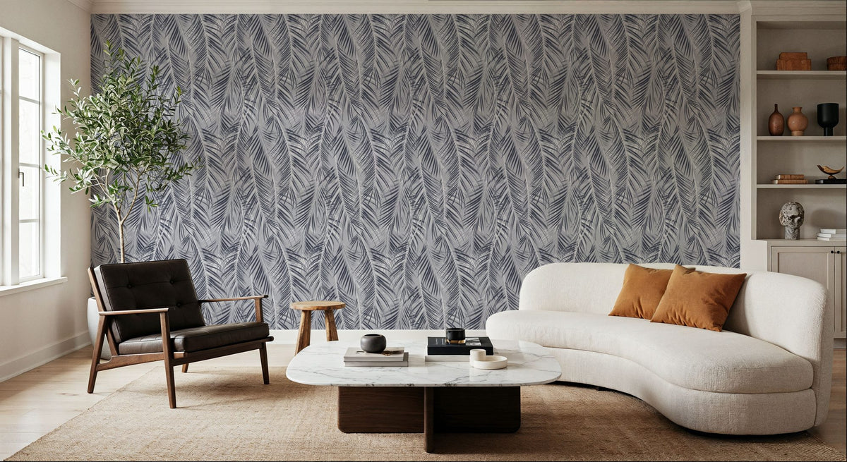 Swaying Palm Leaves, Grey Mural Wallpaper - room preview 05