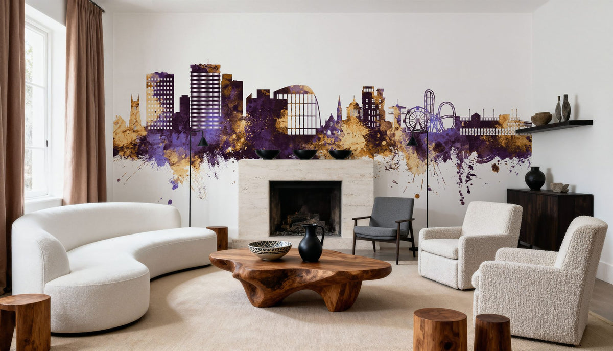 Southend-on-Sea England Skyline Purple & Gold Mural Wallpaper - room preview 05