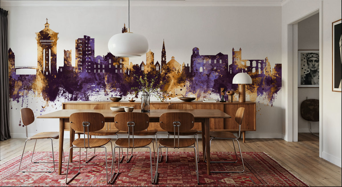 Colchester England Skyline Purple & Gold Mural Wallpaper - room preview 05