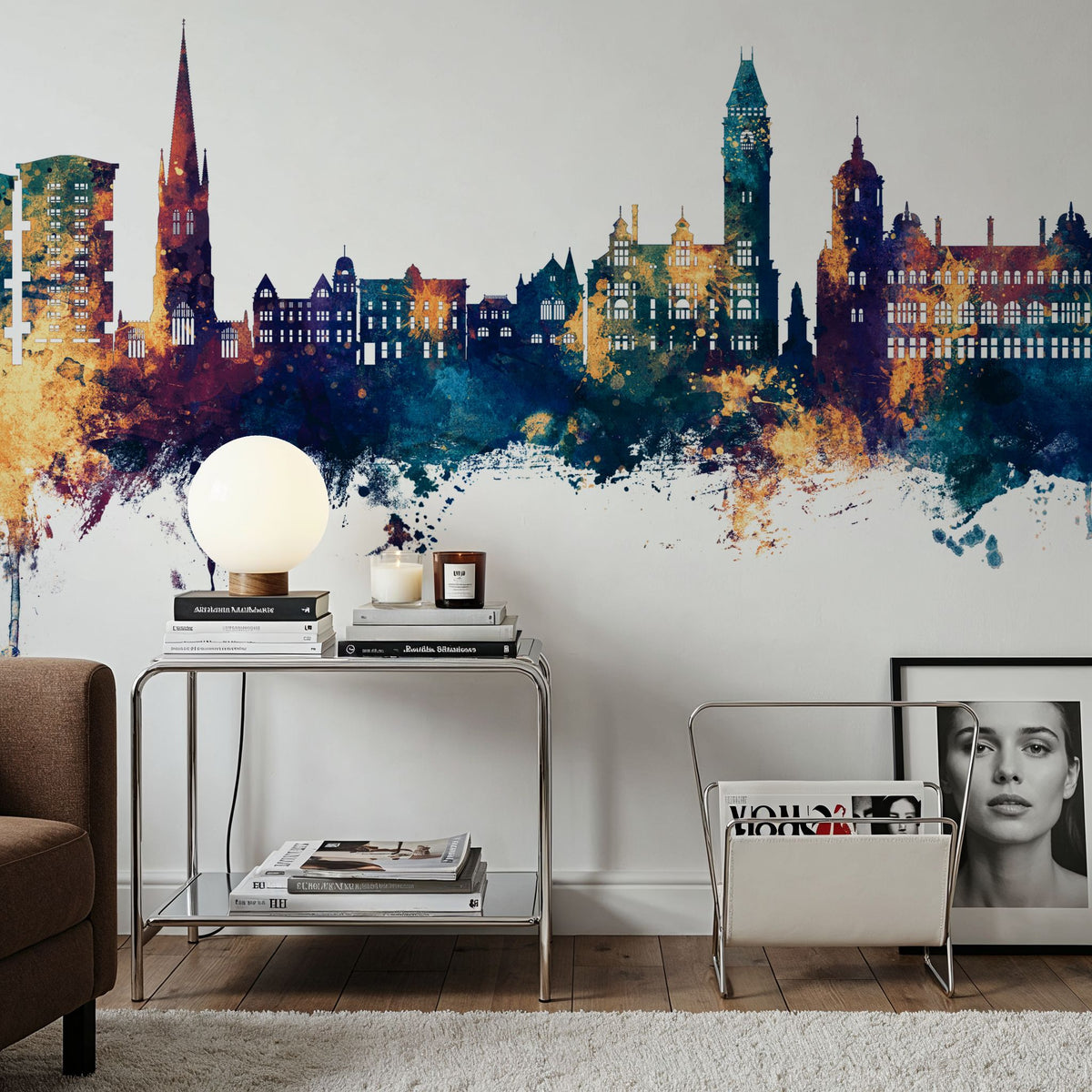 Wakefield England Skyline Blue & Bronze Mural Wallpaper - room preview 05